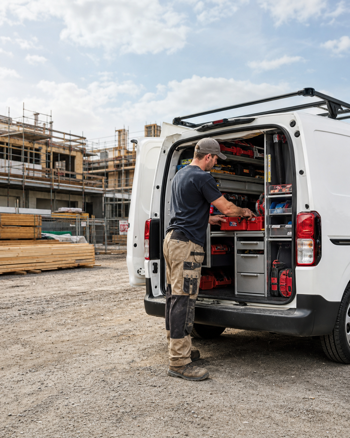 Worker beside an outfitted work van